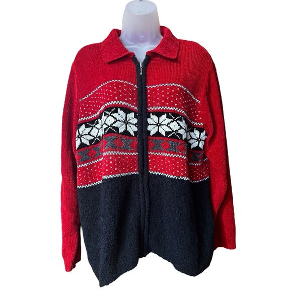 Vtg Parisian Works Red Nordic Fair Isle Zip Front Cardigan Sweater w/Collar Sz M - Picture 8 of 11